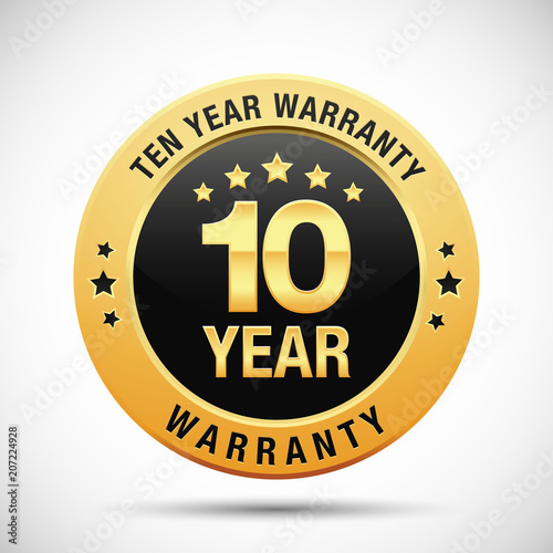 10 year warranty golden label isolated on white background