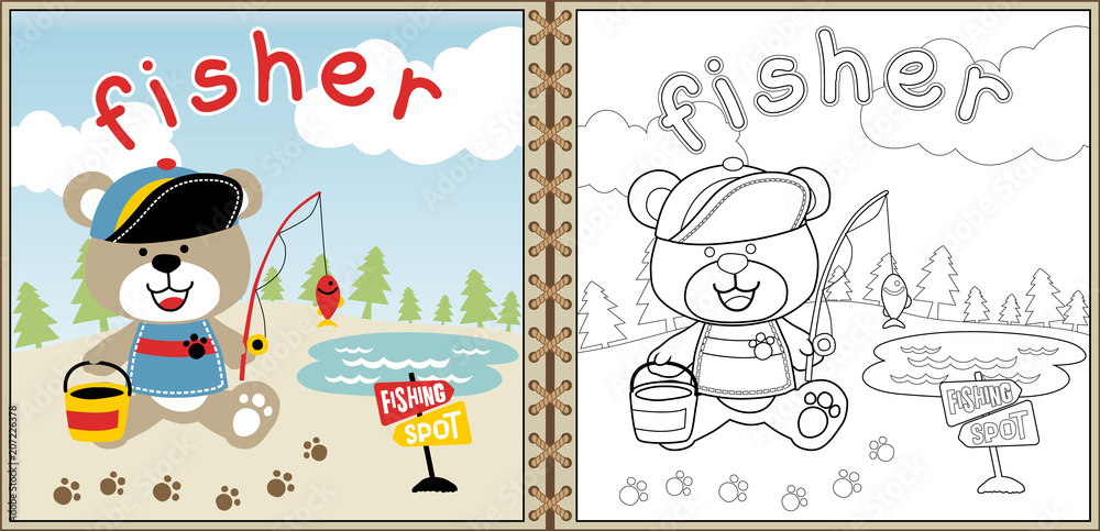 Fototapeta premium little fisher cartoon vector, coloring page or book. eps 10