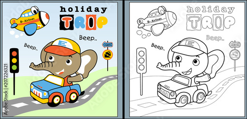 holiday trip with little elephant cartoon, coloring page or book. eps 10