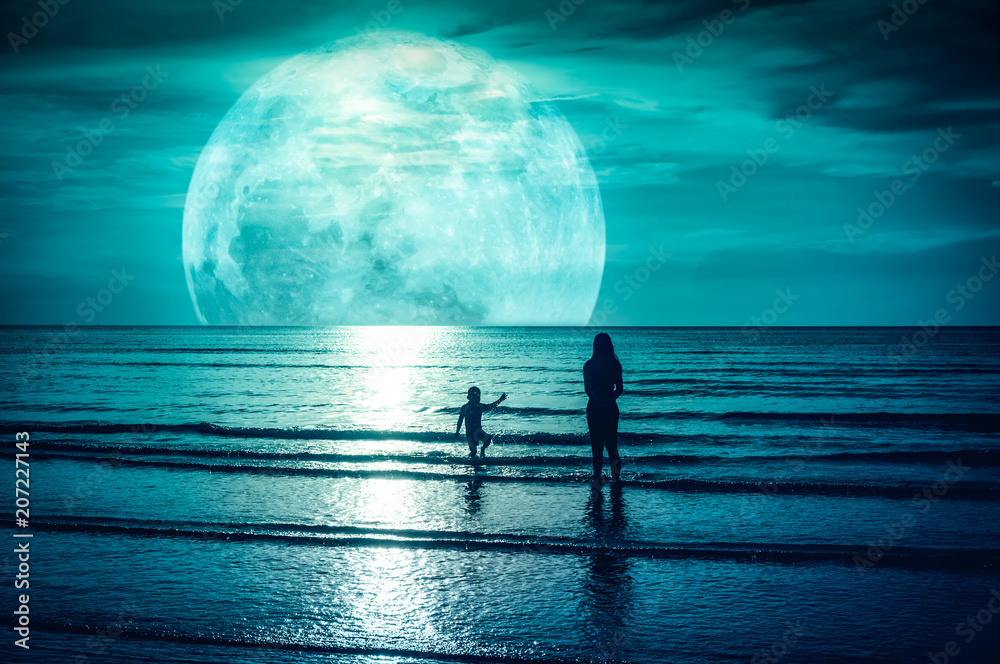 Super moon. Colorful sky with cloud and bright full moon over seascape. Super moon. Colorful sky with cloud and bright full moon over seascape.