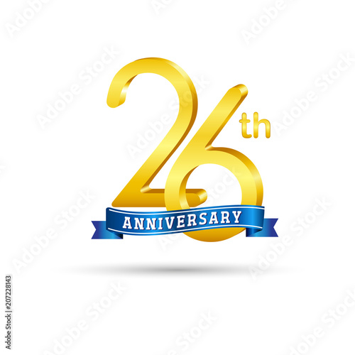 26th golden Anniversary logo with blue ribbon isolated on white   background. 3d gold 26th Anniversary logo