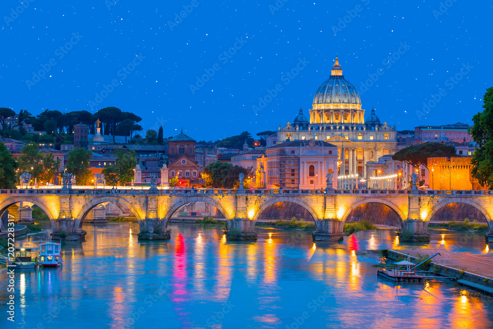 San Pietro Basilica and Ponte St Angelo at sunset - Rome italy San Pietro Basilica and Ponte St Angelo at sunset - Rome italy