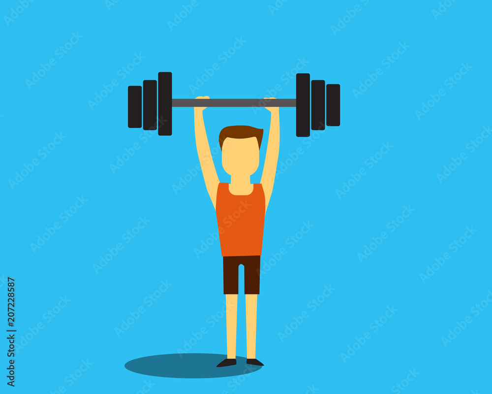 Vector flat design sport man and barbell. Vector flat design sport man and barbell.