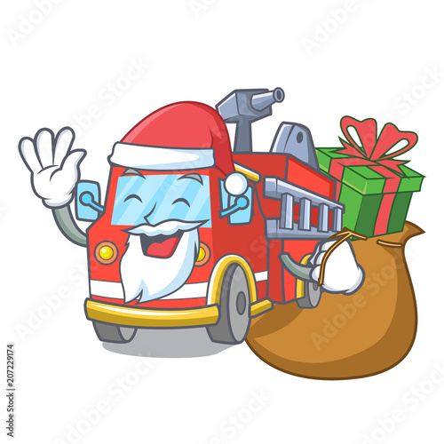 Santa with gift fire truck mascot cartoon