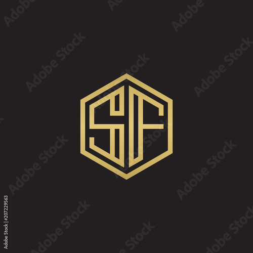 Initial letter SF, minimalist line art hexagon shape logo, gold color on black background
