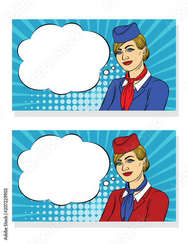 Vector colorful banner's design with smiling stewardess over halftone dot background. Set of two beautiful woman wearing uniform red and blue colors