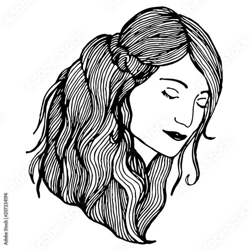 Dreaming girl with closed eyes, loose hair vector illustration