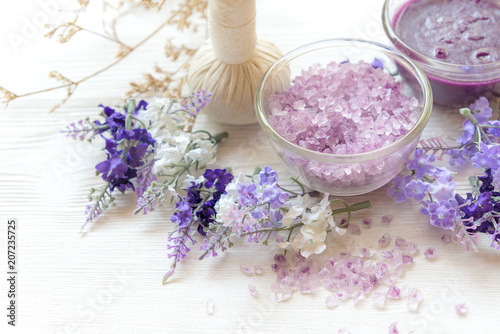 Lavender aromatherapy Spa with candle. Thai Spa relax Treatments and massage white background. Healthy Concept. select and soft focus