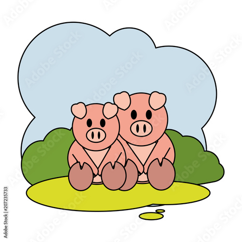 color couple pig farm animal in the landscape