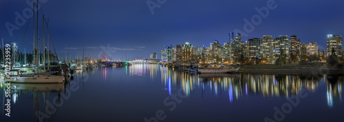 Night view of Coal Harbour in downtown Vancouver, British Columbia.