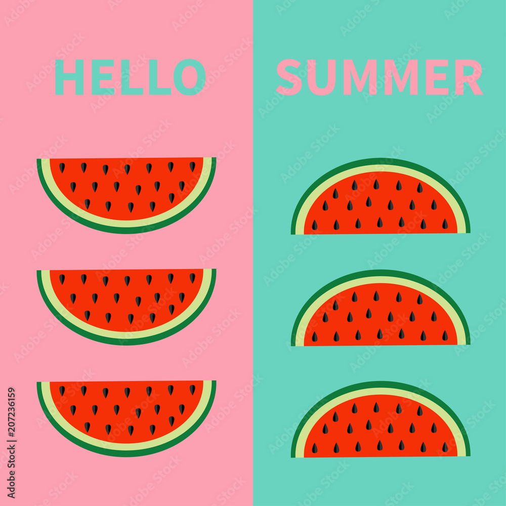 Hello summer. Watermelon fruit icon set. Red slice with seeds in a row. Cut half. Healthy food. Flat lay design. Pastel bright color. Top air view. Pink Green background. Isolated. Hello summer. Watermelon fruit icon set. Red slice with seeds in a row. Cut half. Healthy food. Flat lay design. Pastel bright color. Top air view. Pink Green background. Isolated.