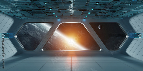 Fototapeta Naklejka Na Ścianę i Meble -  Spaceship futuristic grey blue interior with view on planet Earth