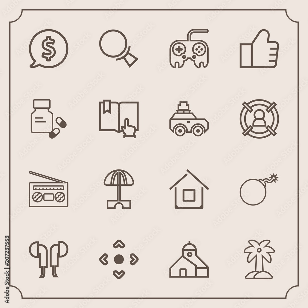 Modern, simple vector icon set with architecture, nuclear, audio, headset, music, weapon, record, medicine, frame, click, internet, book, palm, technology, price, magnifying, summer, health, war icons