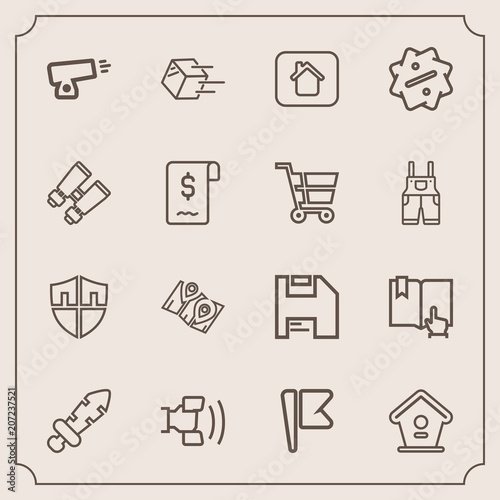 Modern, simple vector icon set with blade, birdhouse, pin, estate, computer, nation, wooden, protect, national, mobile, weapon, map, travel, knight, shipment, war, diskette, shield, security icons