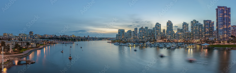 Panorama of Yaletown and downtown Vancouver after sunset.