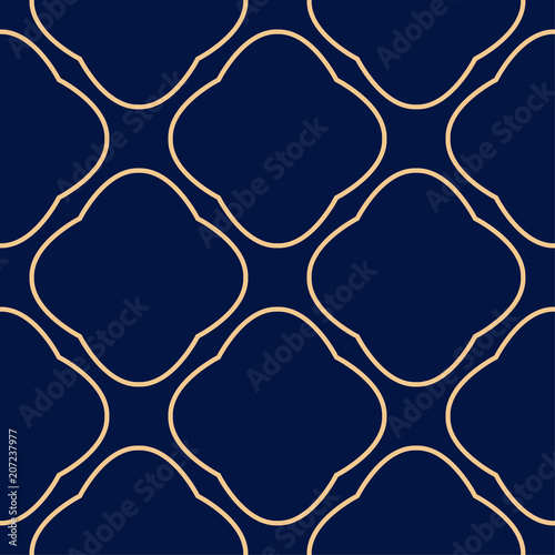 Golden geometric print on dark blue background. Seamless pattern