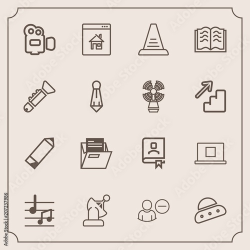 Modern, simple vector icon set with camera, communication, real, office, ufo, property, address, literature, user, space, step, online, education, profile, musical, internet, account, sound, pen icons
