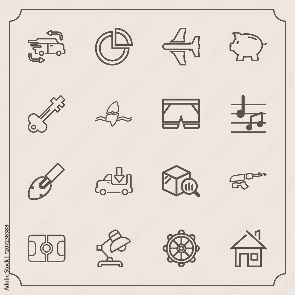 Fototapeta premium Modern, simple vector icon set with gun, ship, home, shipping, lorry, architecture, shovel, nautical, chart, estate, interior, delivery, weapon, table, rudder, trend, graph, presentation, soccer icons