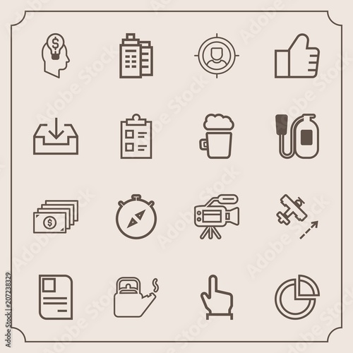 Modern, simple vector icon set with currency, presentation, touch, building, camera, south, business, steam, identity, hand, target, lens, hot, microphone, kitchen, click, cash, money, id, card icons