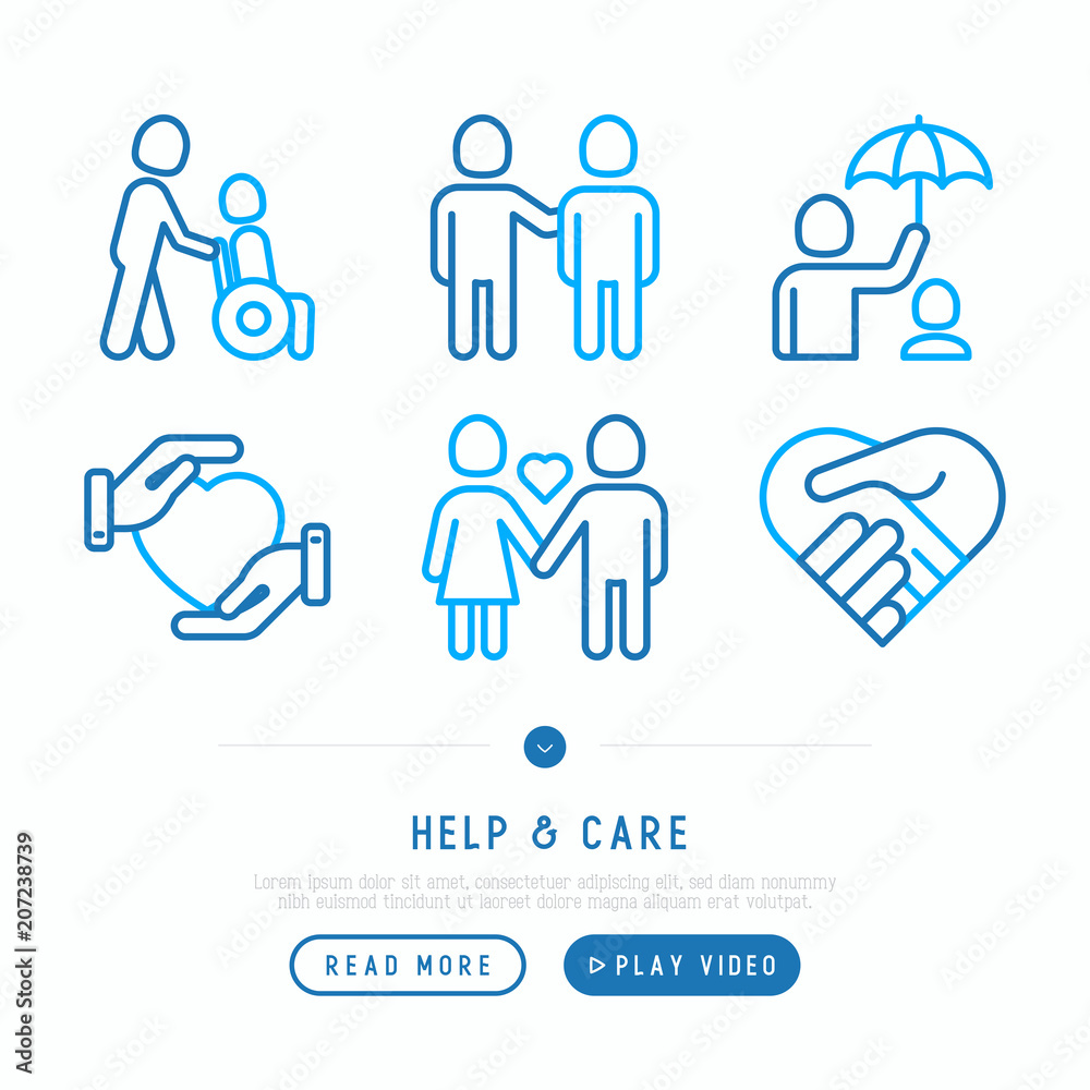 Help and care thin line icons set: symbols of support, help for children and disabled, togetherness, philanthropy and donation. Vector illustration. Help and care thin line icons set: symbols of support, help for children and disabled, togetherness, philanthropy and donation. Vector illustration.