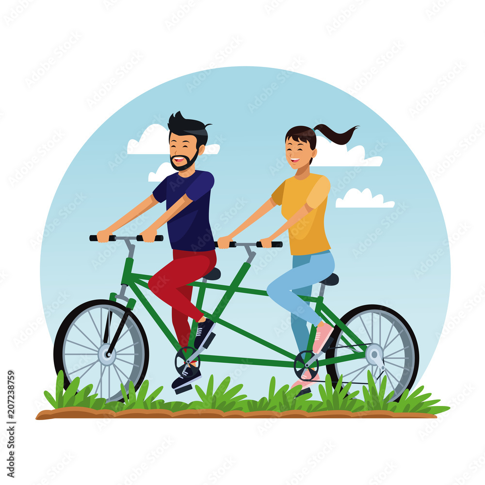 Couple riding double bike at park cartoon vector illustration graphic design Couple riding double bike at park cartoon vector illustration graphic design