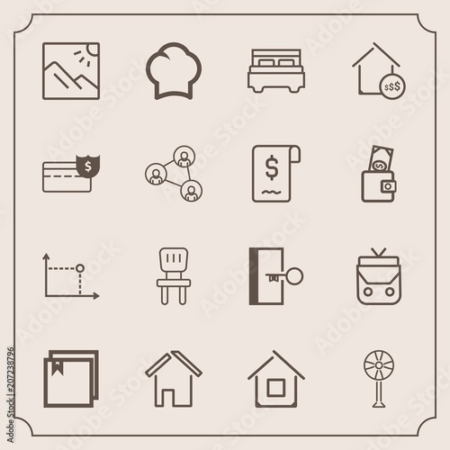 Modern, simple vector icon set with cash, escape, food, electric, property, cook, room, building, uniform, bag, file, landscape, architecture, cooler, leather, home, style, exit, photo, bed, fan icons