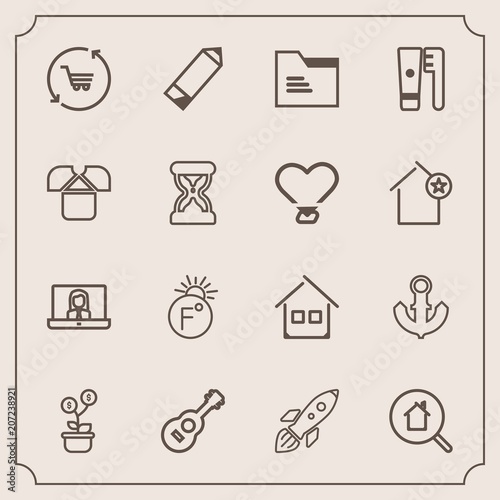Modern, simple vector icon set with guitar, rocket, call, tree, business, communication, ship, pen, temperature, shop, growth, space, house, pencil, shuttle, science, internet, boat, real, scale icons
