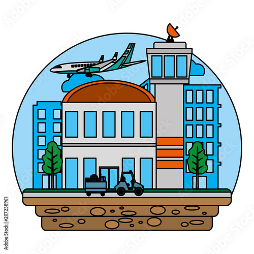 airport with vehicle towing luggage and airplane