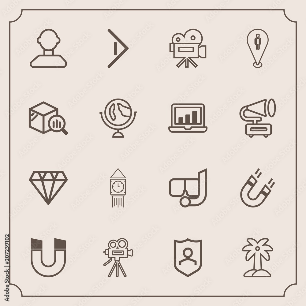 Modern, simple vector icon set with button, field, right, finance, clock, pole, protection, location, movie, water, video, palm, report, trend, jewelry, leaf, male, camera, summer, tropical, big icons