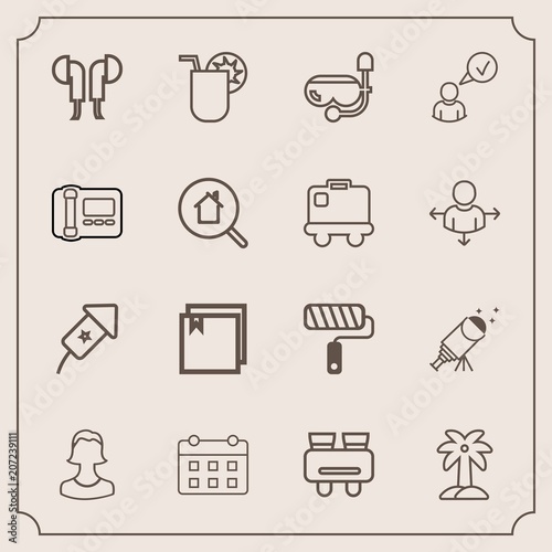 Modern, simple vector icon set with timetable, human, search, schedule, telescope, day, nature, watch, glasses, summer, brush, tropical, roll, roller, star, snorkel, event, business, mask, sound icons
