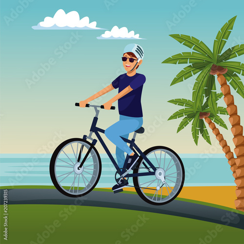 Young man riding a bike at beach vector illustration graphic design