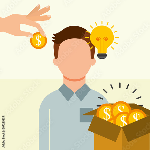 man with box filled coins money idea saving money vector illustration