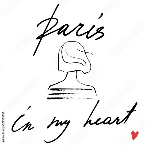 Paris in my heart isolated vector illustration with beautiful girl. Black and white illustration, in a hand drawn style. A small red heart in the corner.