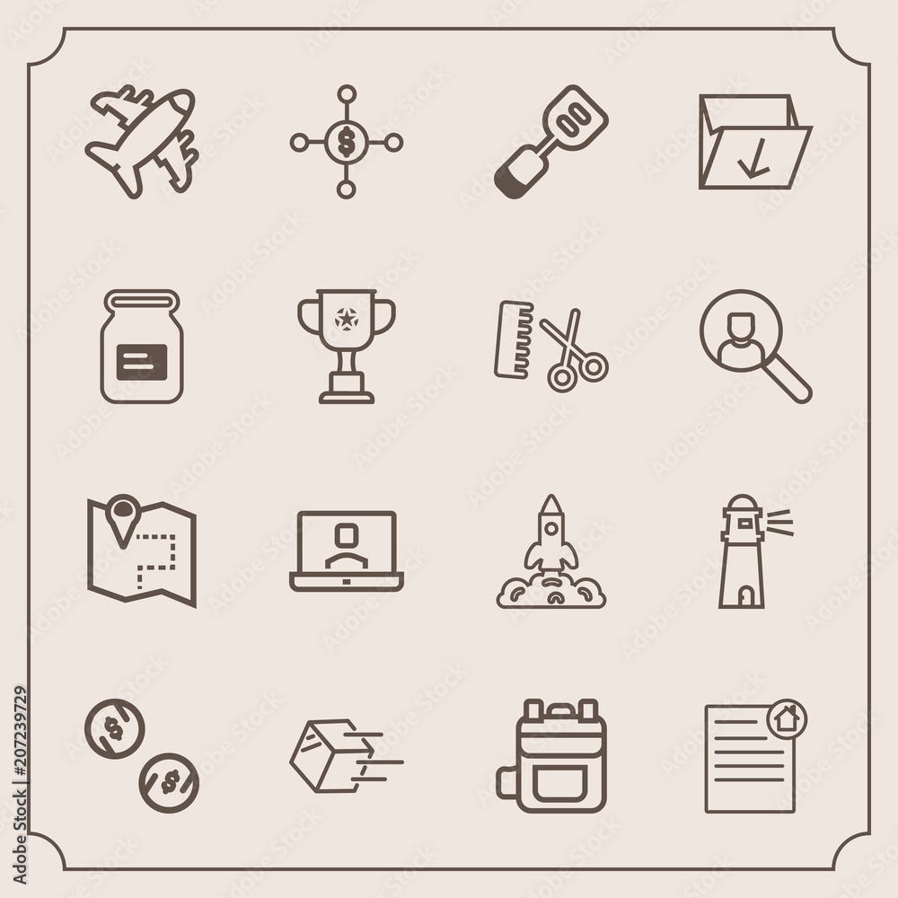 Modern, simple vector icon set with lighthouse, modern, shipment, currency, dollar, package, estate, plane, backpack, cash, house, technology, communication, airplane, leather, science, rucksack icons