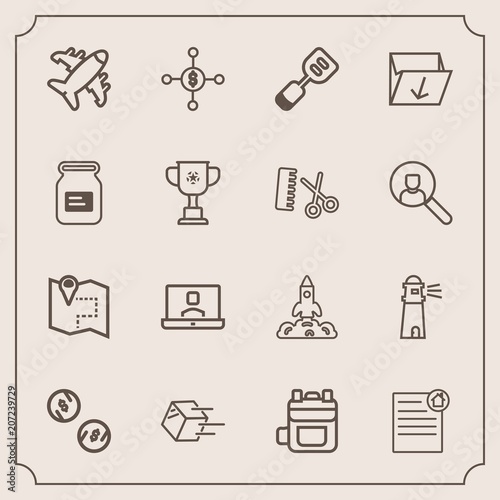 Modern, simple vector icon set with lighthouse, modern, shipment, currency, dollar, package, estate, plane, backpack, cash, house, technology, communication, airplane, leather, science, rucksack icons