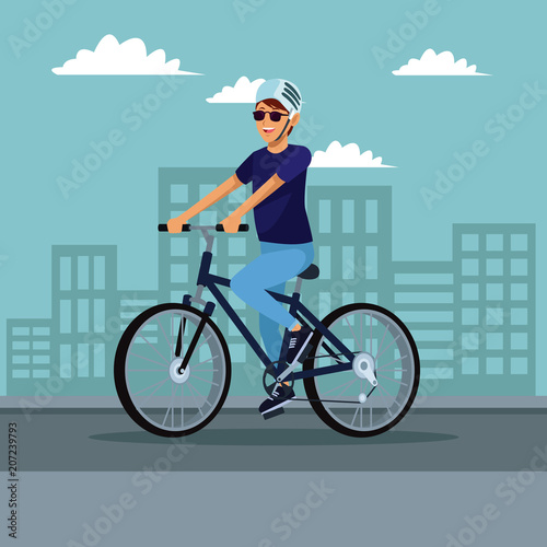 Young man riding a bike at city vector illustration graphic design