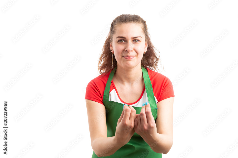 Woman retail or supermarket employee begging . Woman retail or supermarket employee begging .