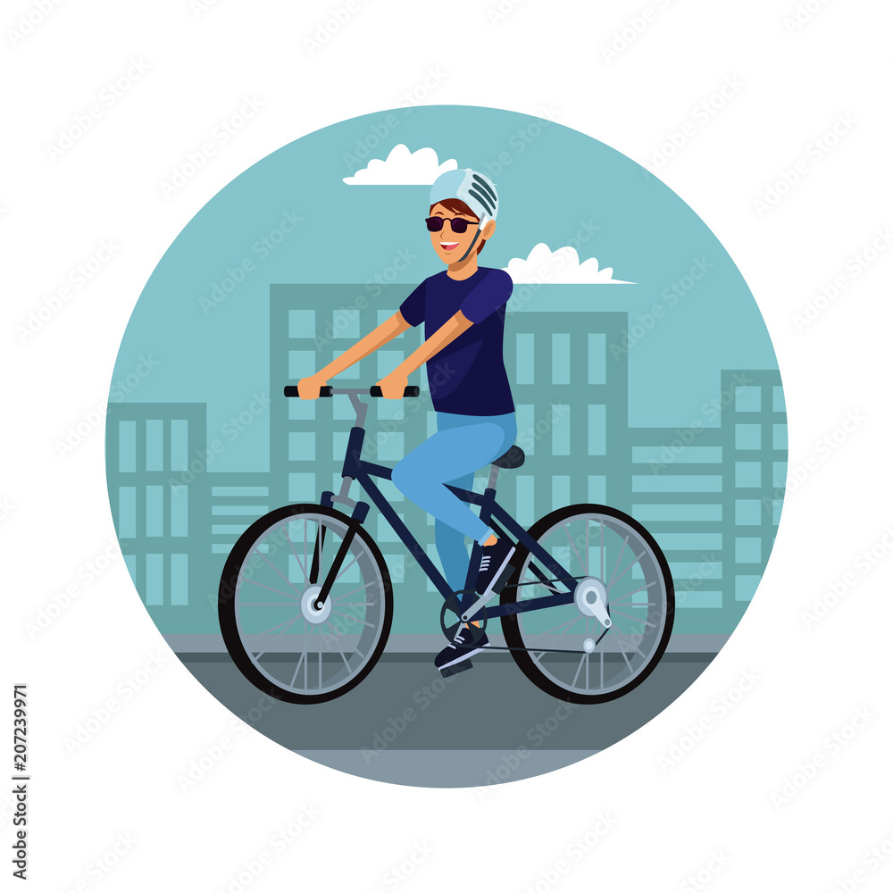 Young man riding a bike at city vector illustration graphic design Young man riding a bike at city vector illustration graphic design