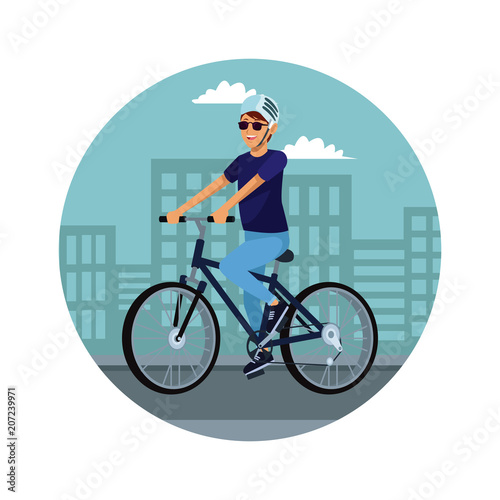 Young man riding a bike at city vector illustration graphic design
