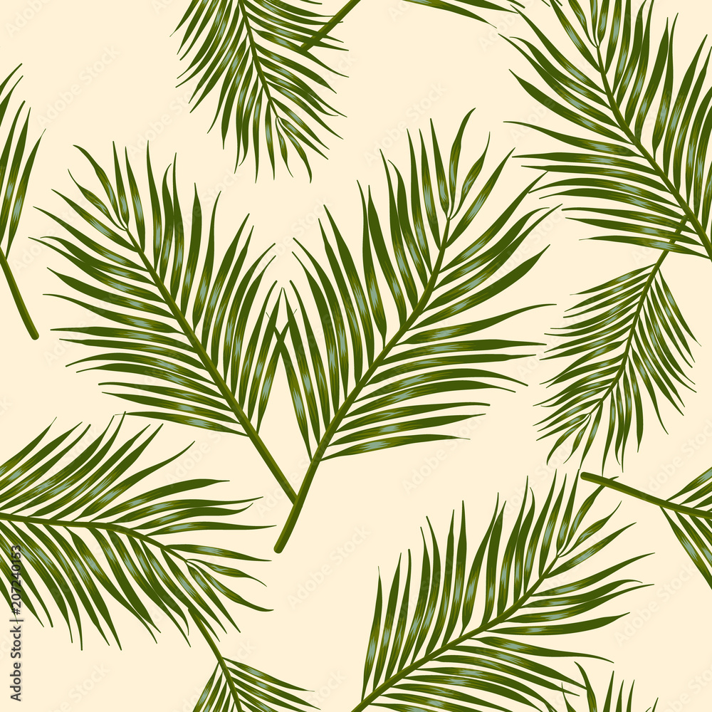 Seamless pattern areca plam leaf tropical leaves on Pale yellow color background.printing wallpaper.vector illustration Seamless pattern areca plam leaf tropical leaves on Pale yellow color background.printing wallpaper.vector illustration