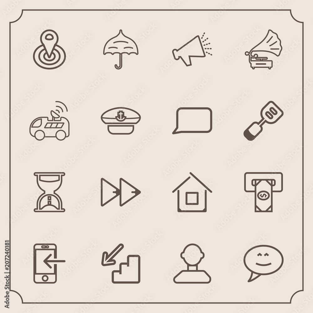 Fototapeta premium Modern, simple vector icon set with mobile, profile, atm, cycle, timer, radius, finance, time, architecture, downstairs, audio, speaker, upstairs, speech, white, cash, male, umbrella, internet icons