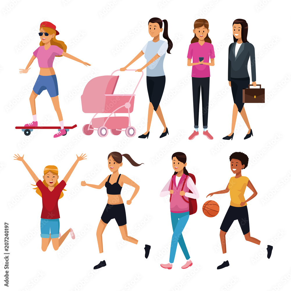 Set of differents women cartoons vector illustration graphic design