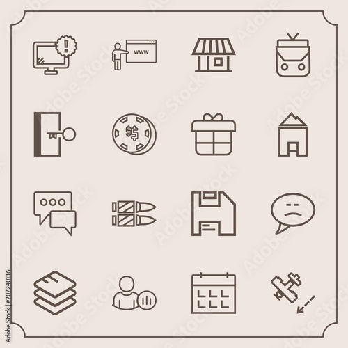 Modern, simple vector icon set with flight, day, bullet, time, computer, exit, data, message, gun, airplane, schedule, style, calendar, status, information, speech, bubble, travel, plane, go icons