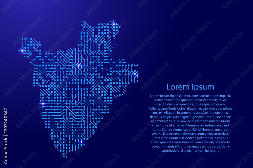 Map Burundi from printed board, chip and radio component with blue star space on the contour for banner, poster, greeting card. Computer electronics processor motherboard. Vector illustration.