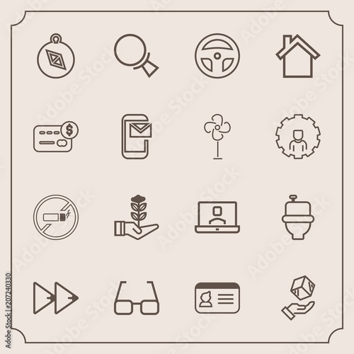 Modern, simple vector icon set with east, tobacco, communication, life, music, direction, addiction, north, search, eyeglasses, toilet, wc, player, technology, internet, magnifying, document, id icons