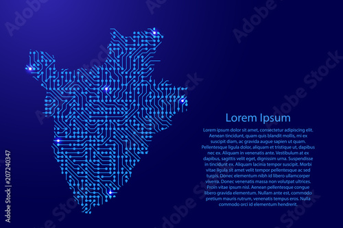 Map Burundi from printed board, chip and radio component with blue star space on the contour for banner, poster, greeting card. Computer electronics processor motherboard. Vector illustration.