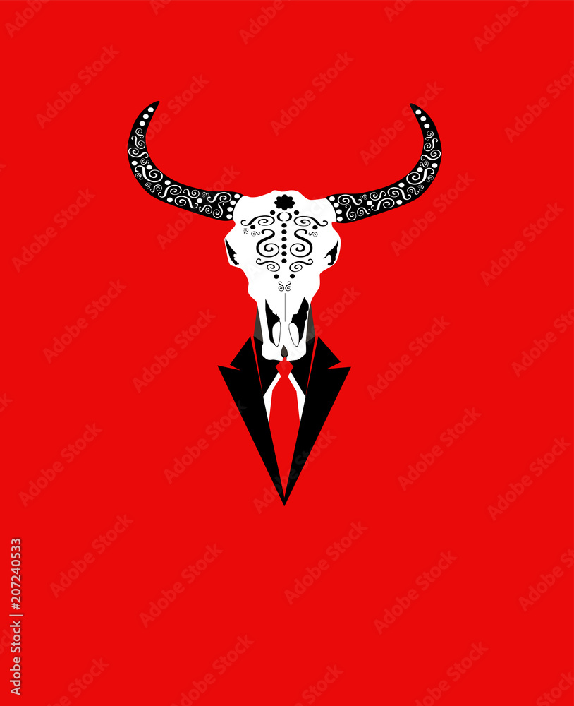 Animal skull with red tie , bulls head Animal skull with red tie , bulls head