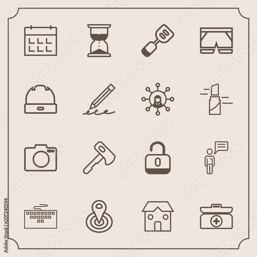 Modern, simple vector icon set with lock, kitchen, cross, technology, keyboard, security, box, emergency, center, computer, hammer, protection, aid, schedule, radius, kit, business, work, day icons