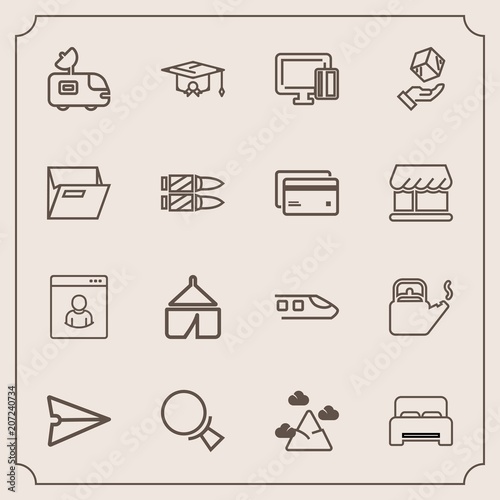 Modern, simple vector icon set with travel, railway, train, college, web, kitchen, search, transport, payment, hot, profile, tent, adventure, steam, furniture, card, email, find, male, water, tv icons