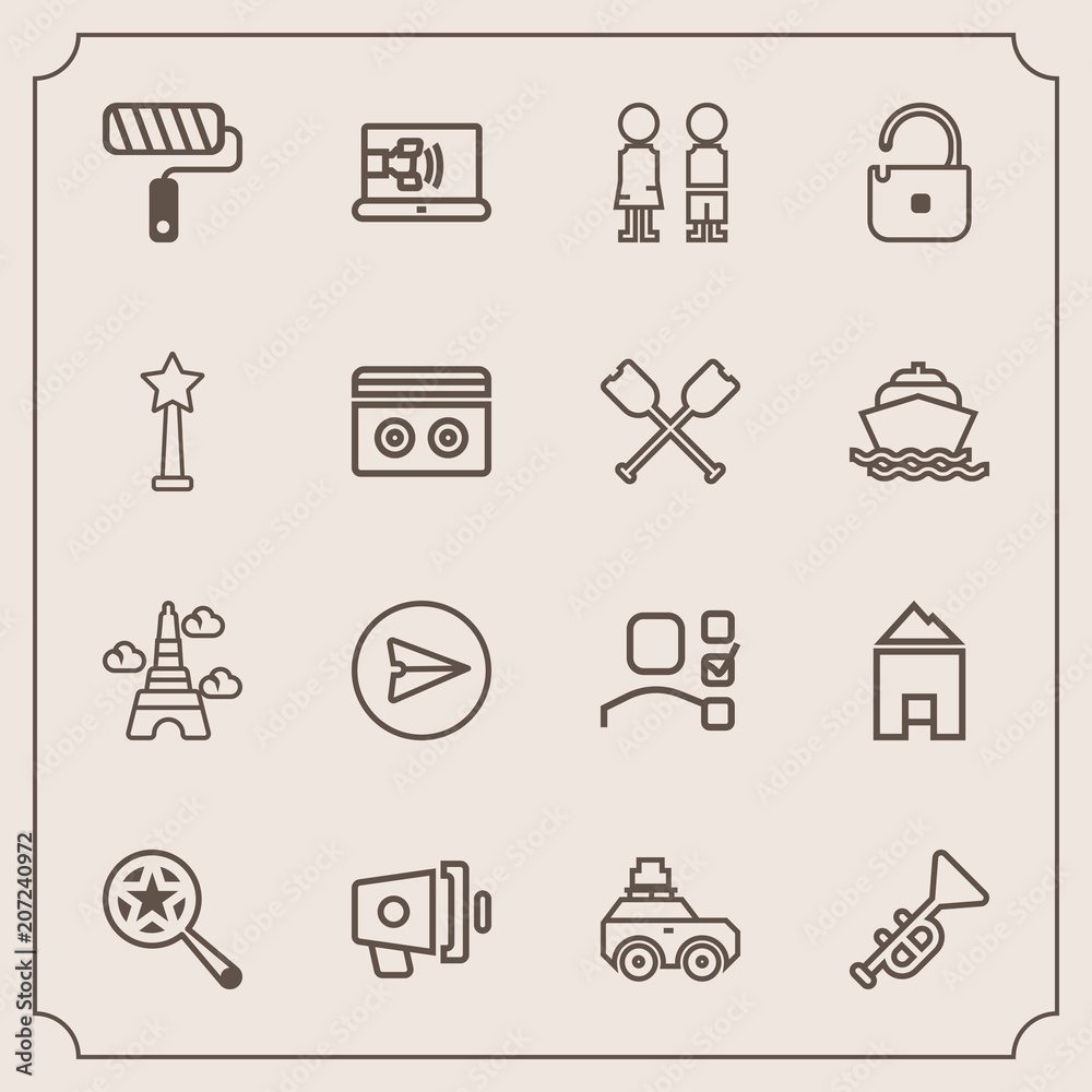Fototapeta premium Modern, simple vector icon set with web, personal, tool, musical, office, roller, task, communication, bag, suitcase, business, roll, trumpet, megaphone, bugle, message, loudspeaker, boy, paris icons